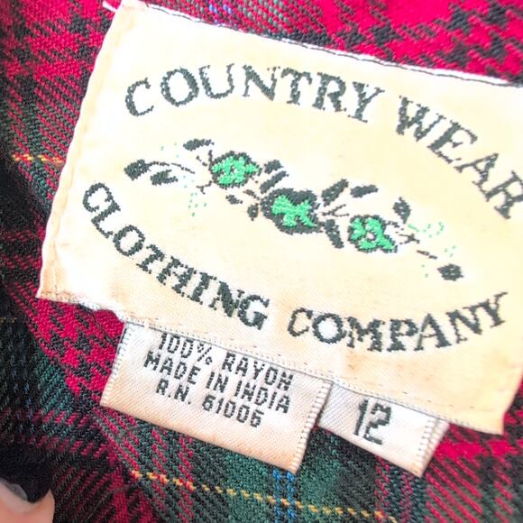 Vintage Country Wear Holiday Plaid Flannel Prairie Dress ShoulderPads Women's 12 - Picture 4 of 9